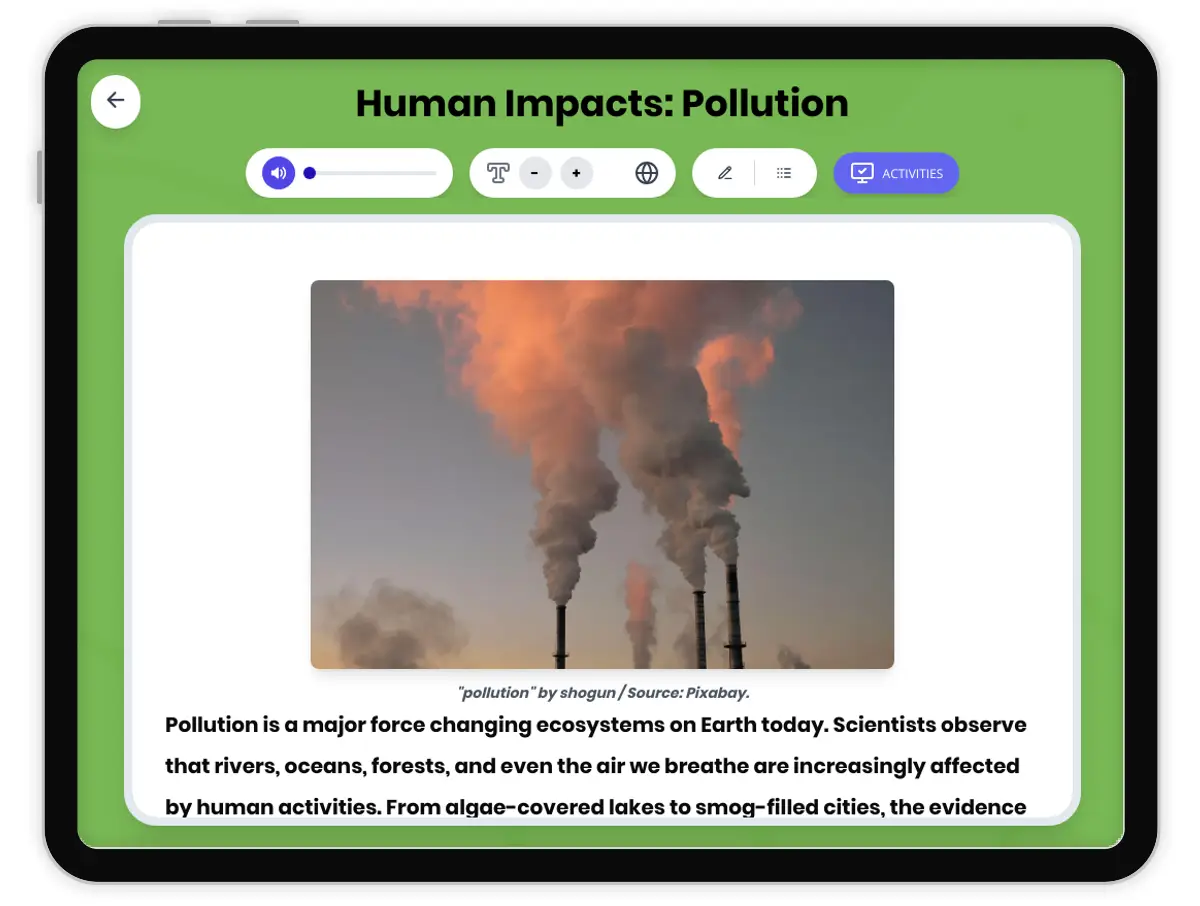 Interactive — Reading Comprehension preview: Human Impacts: Pollution covering MS-LS2-4, MS-ESS3-3 standards - Page 1 of 1