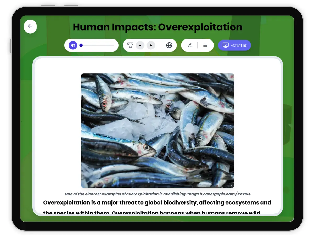 Interactive — Reading Comprehension preview: Human Impacts: Overexploitation covering MS-LS2-4, MS-LS2-5 standards - Page 1 of 1