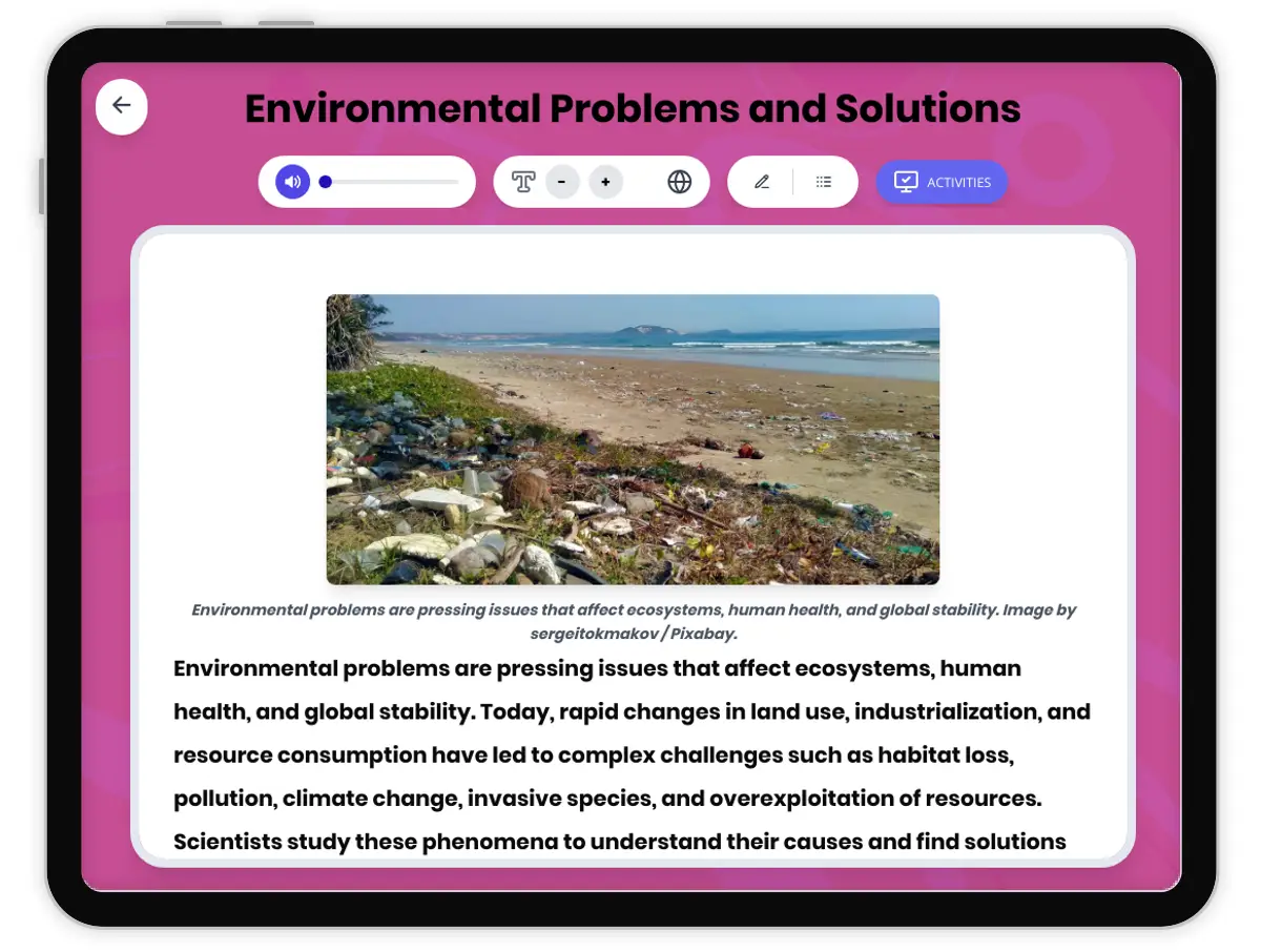 Interactive — Reading Comprehension preview: Environmental Problems and Solutions covering MS-LS2-4, MS-ESS3-3, MS-ESS3-4 standards - Page 1 of 1