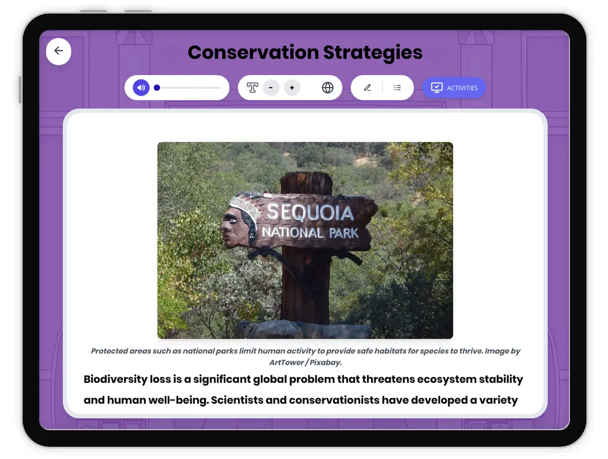 Interactive — Reading Comprehension preview: Conservation Strategies covering MS-LS2-5, MS-ESS3-4 standards - Page 1 of 1