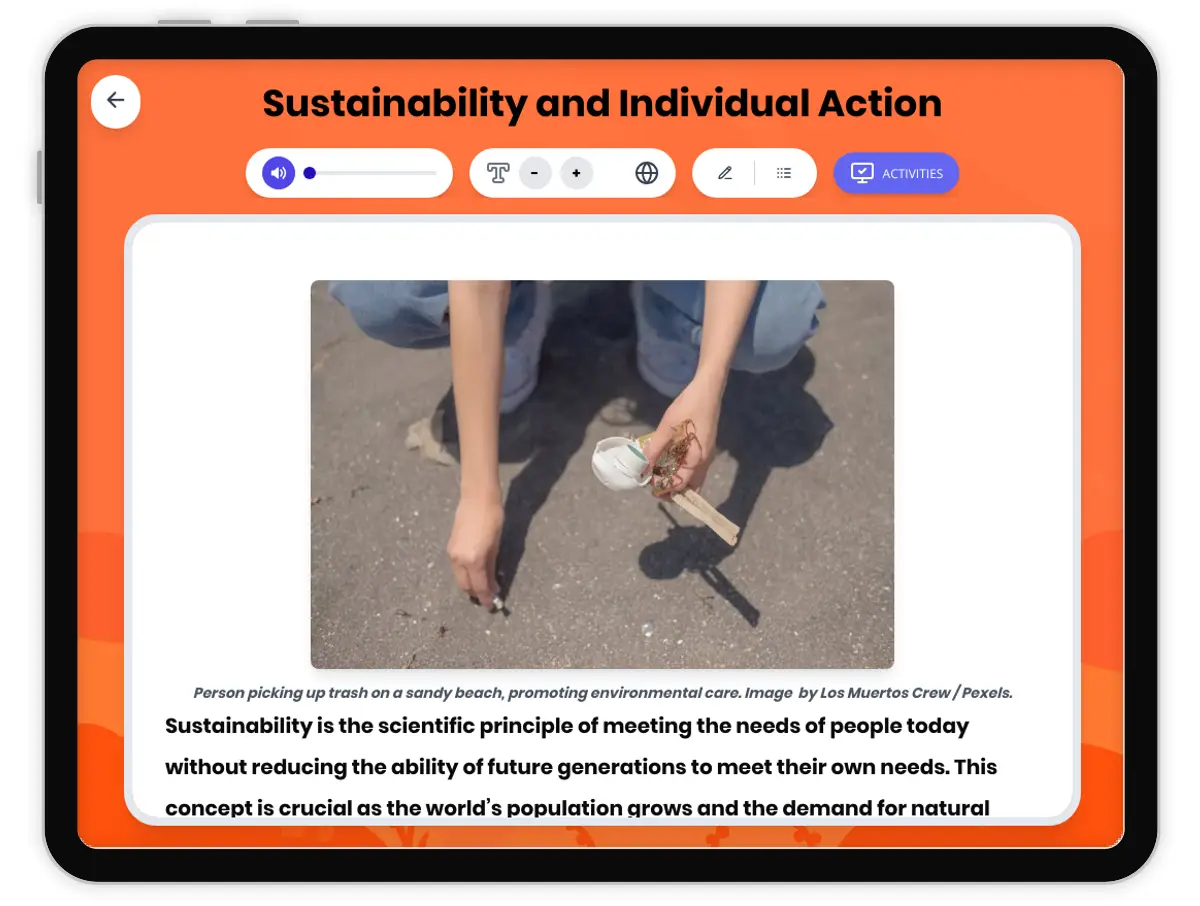 Interactive — Reading Comprehension preview: Sustainability and Individual Action covering MS-ESS3-4 standards - Page 1 of 1