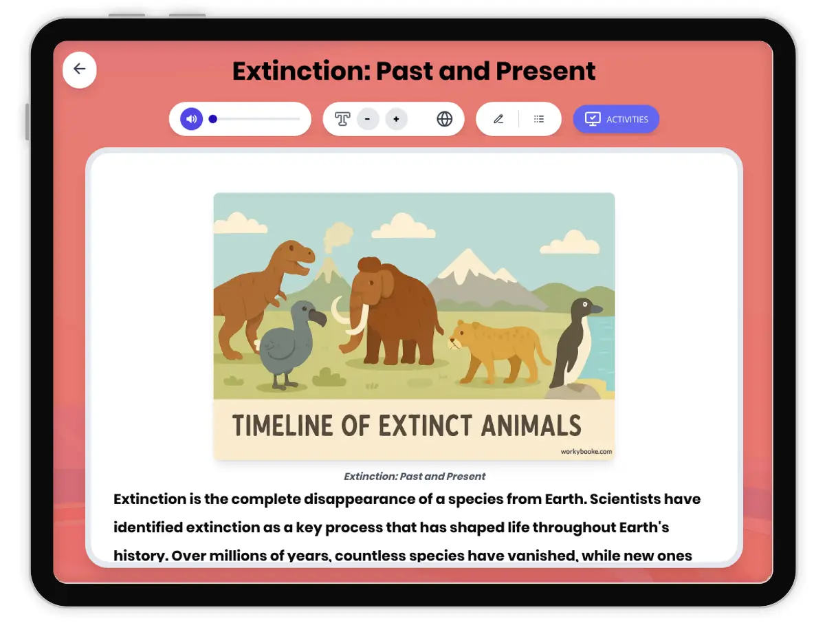 Interactive — Reading Comprehension preview: Extinction: Past and Present covering MS-LS4-1, MS-LS2-5 standards - Page 1 of 1