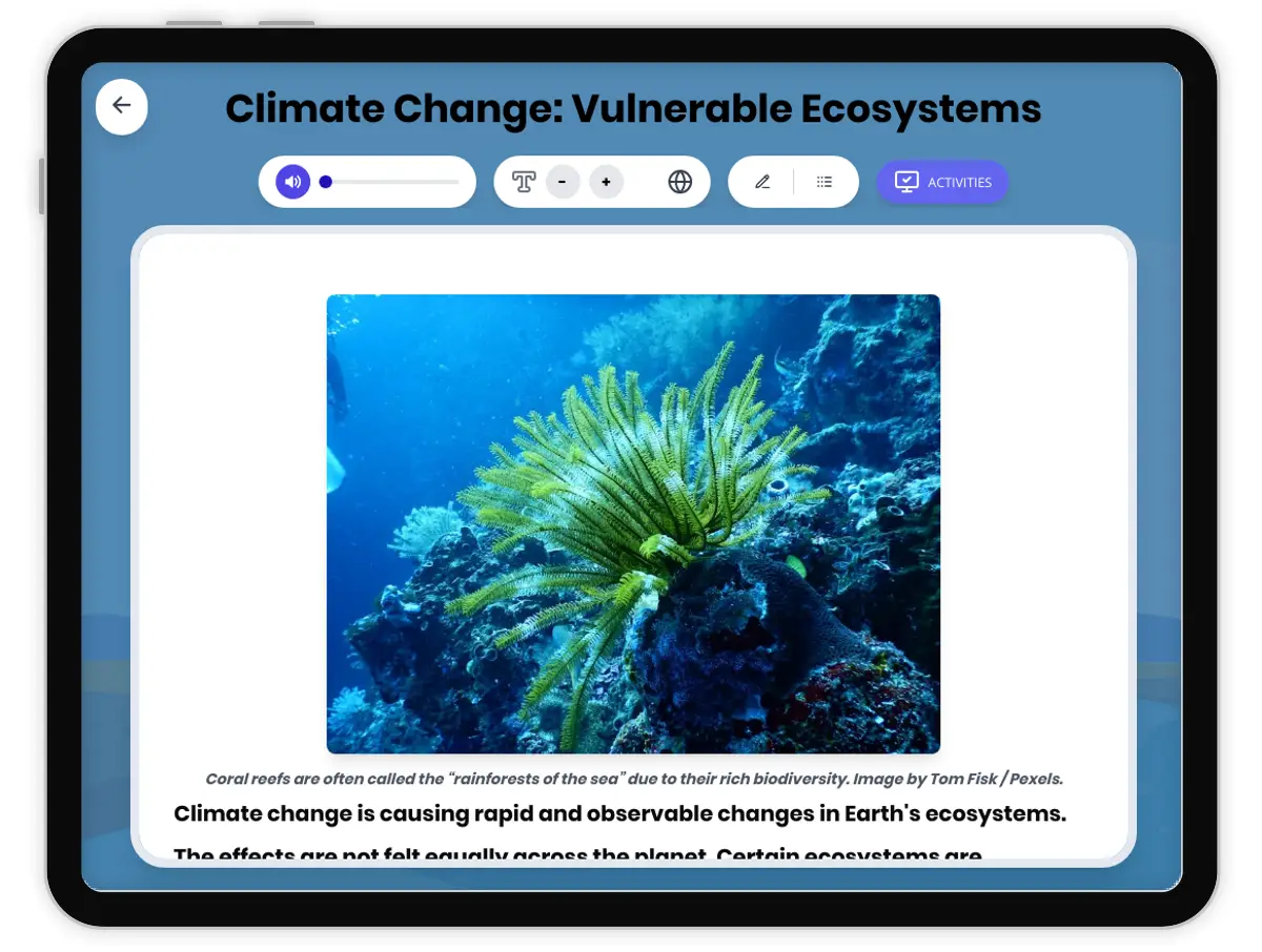 Interactive — Reading Comprehension preview: Climate Change: Vulnerable Ecosystems covering MS-ESS3-5, MS-LS2-4 standards - Page 1 of 1