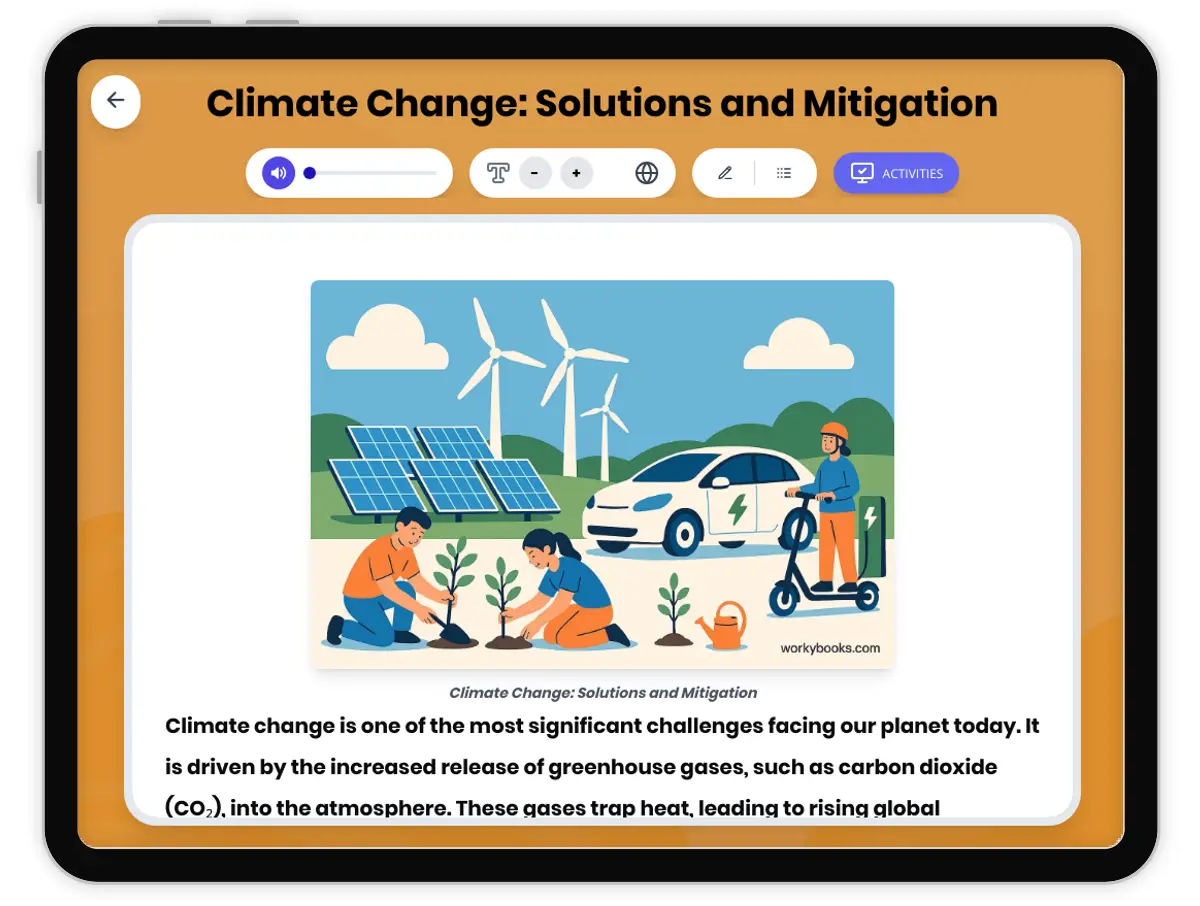Interactive — Reading Comprehension preview: Climate Change: Solutions and Mitigation covering MS-ESS3-4, MS-ESS3-5 standards - Page 1 of 1