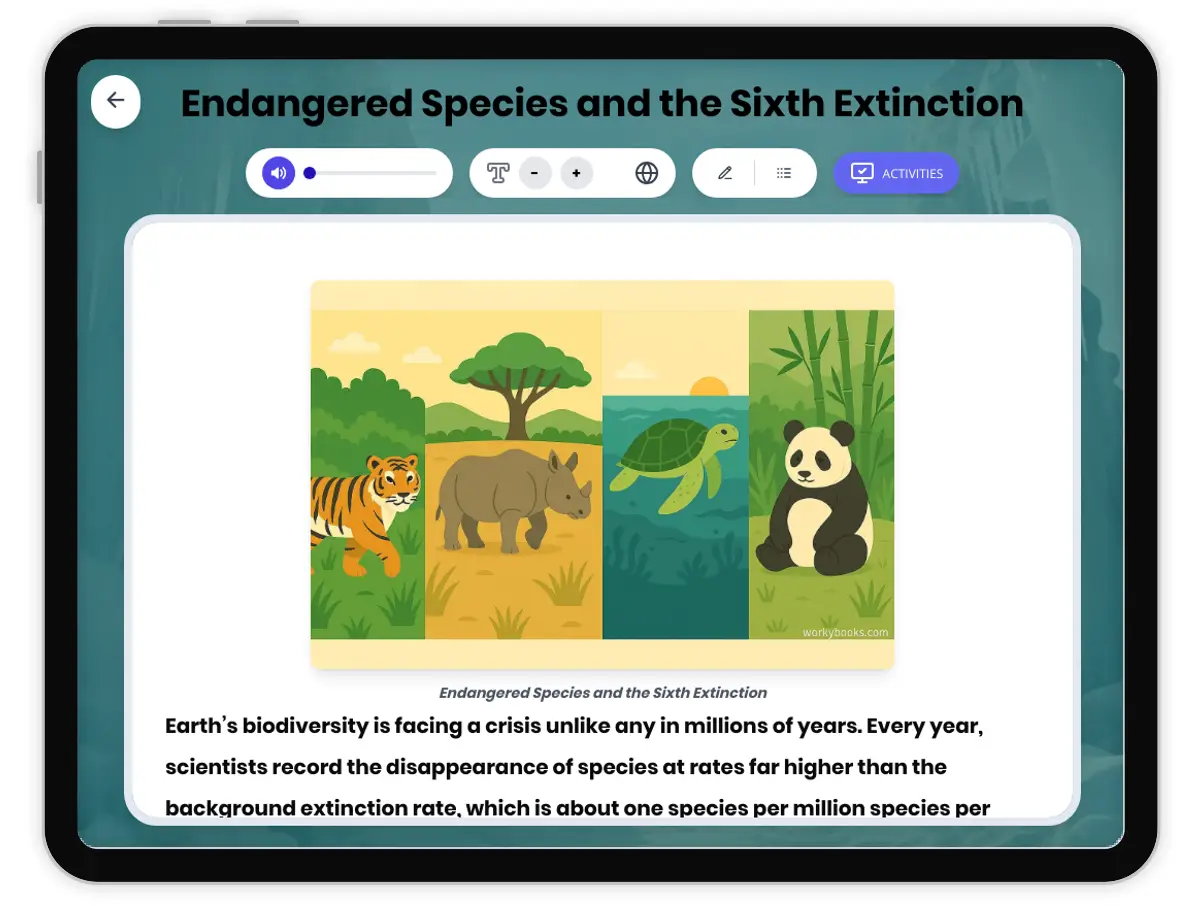 Interactive — Reading Comprehension preview: Endangered Species and the Sixth Extinction covering MS-LS4-1, MS-LS2-5 standards - Page 1 of 1