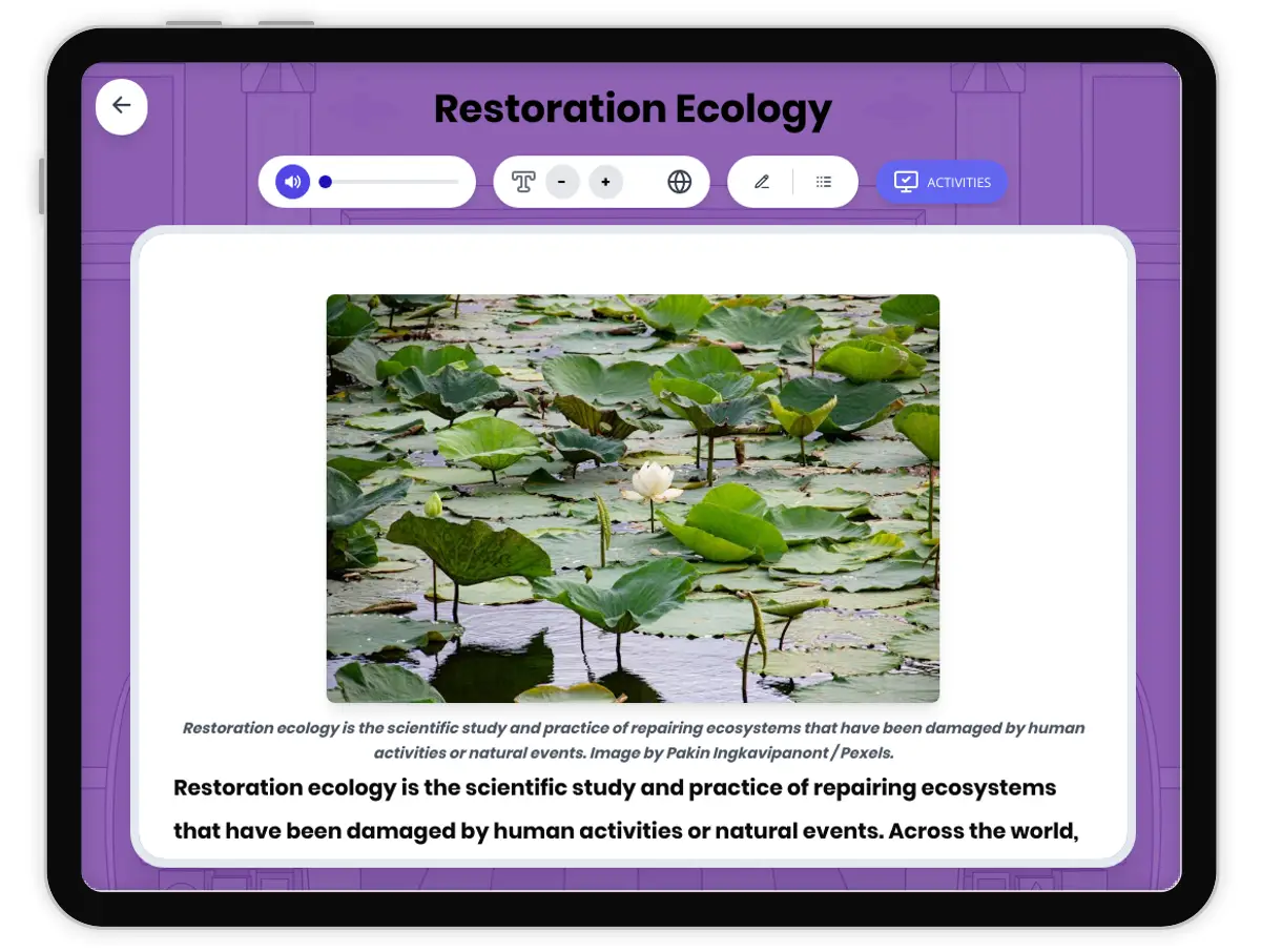 Interactive — Reading Comprehension preview: Restoration Ecology covering MS-LS2-4, MS-ESS3-4 standards - Page 1 of 1