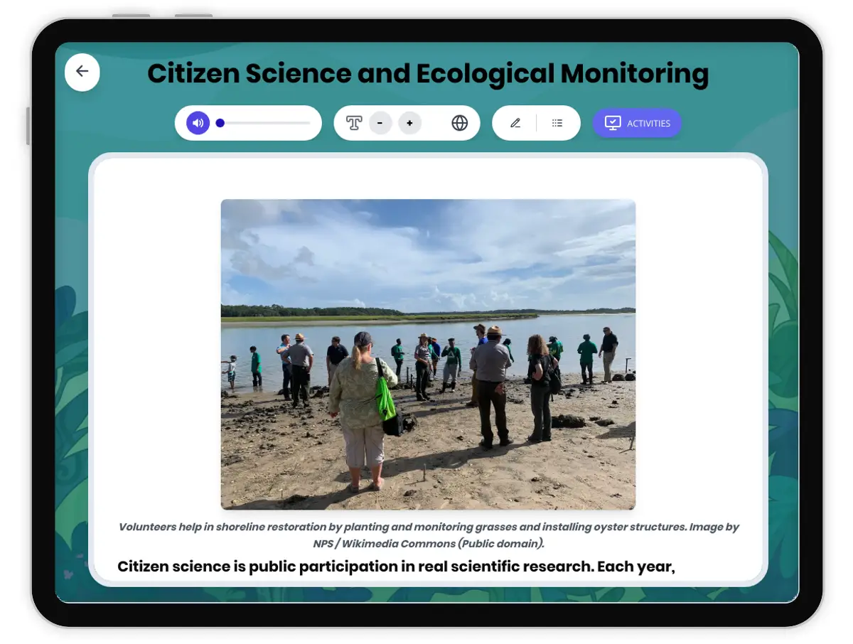 Interactive — Reading Comprehension preview: Citizen Science and Ecological Monitoring covering MS-LS2-1 standards - Page 1 of 1
