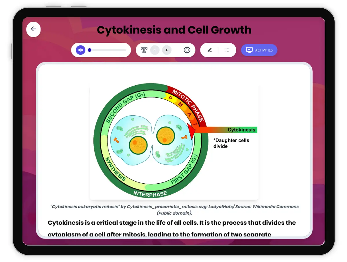 Interactive — Reading Comprehension preview: Cytokinesis and Cell Growth covering MS-LS1-4 standards - Page 1 of 1
