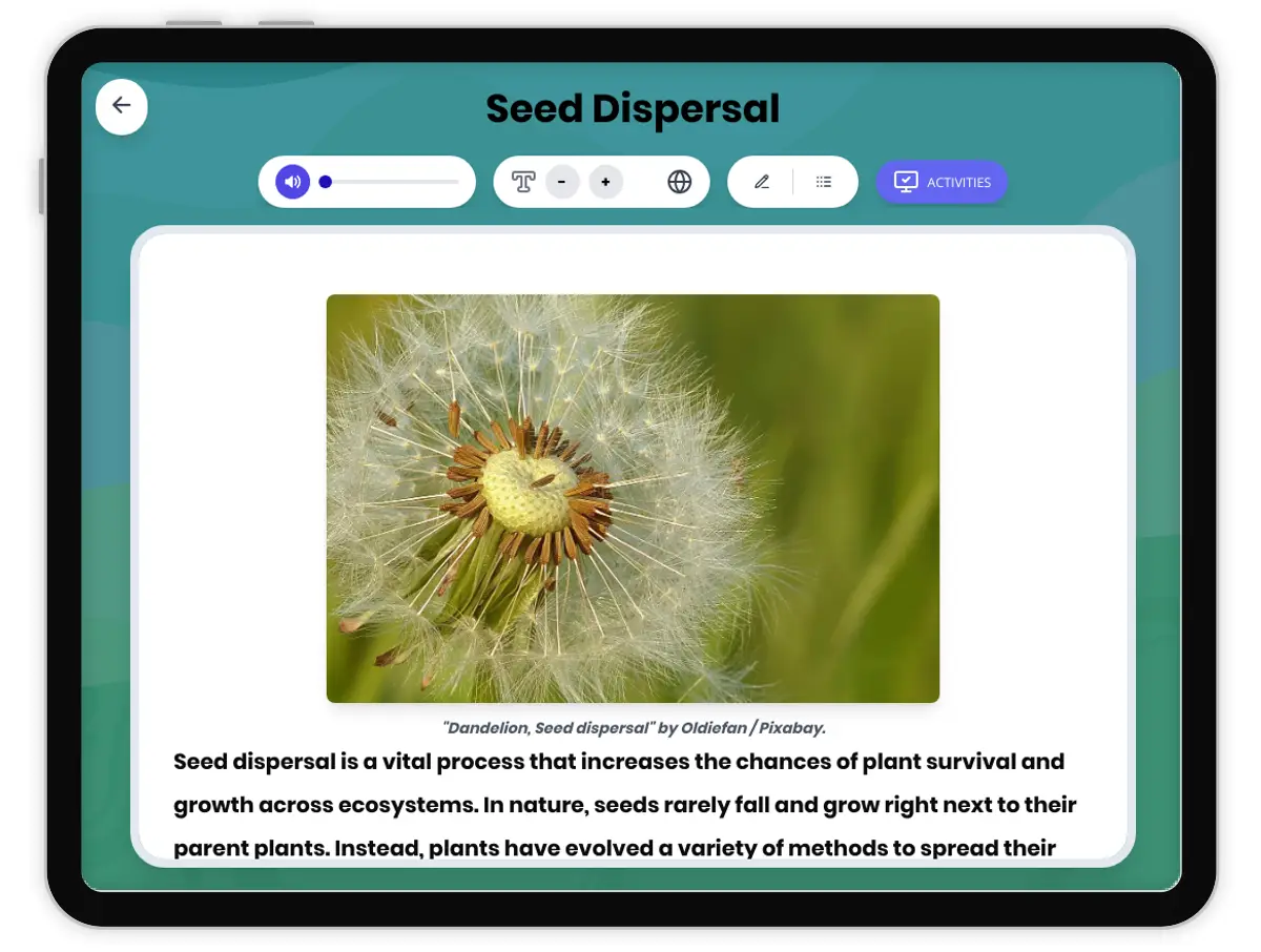 Interactive — Reading Comprehension preview: Seed Dispersal covering MS-LS1-4 standards - Page 1 of 1