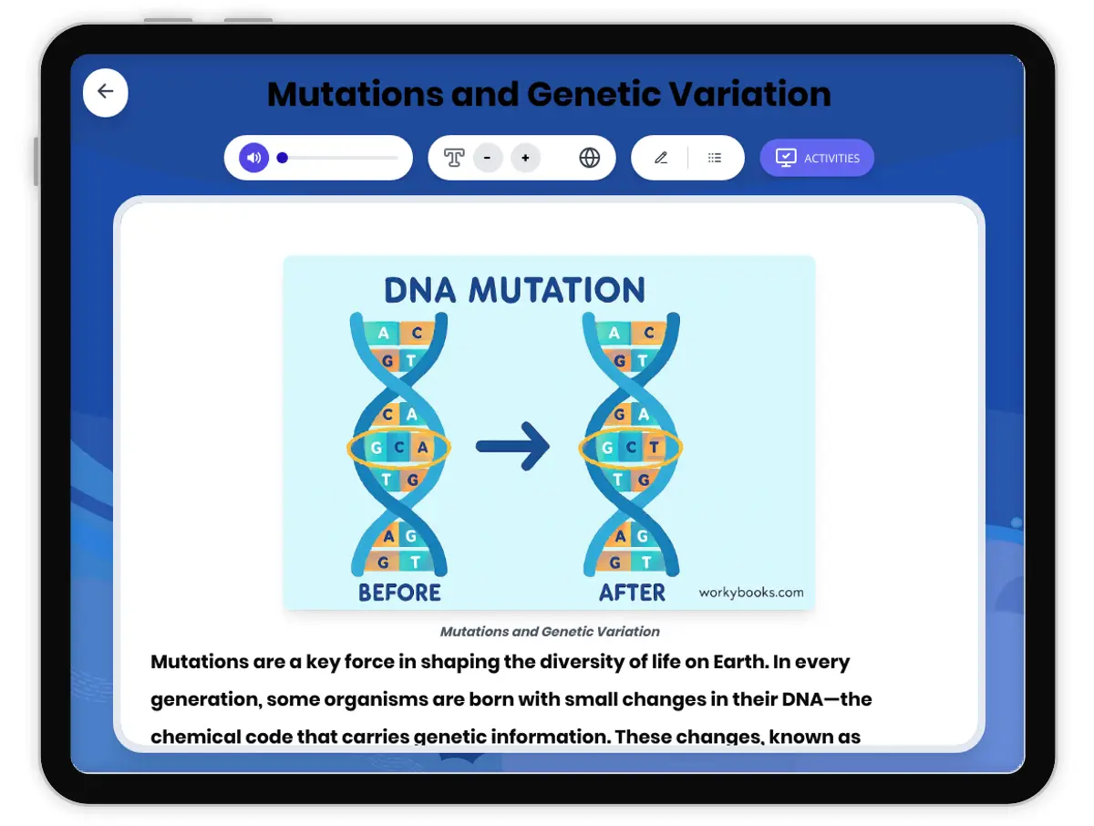 Interactive — Reading Comprehension preview: Mutations and Genetic Variation covering MS-LS3-1, MS-LS3-2 standards - Page 1 of 1