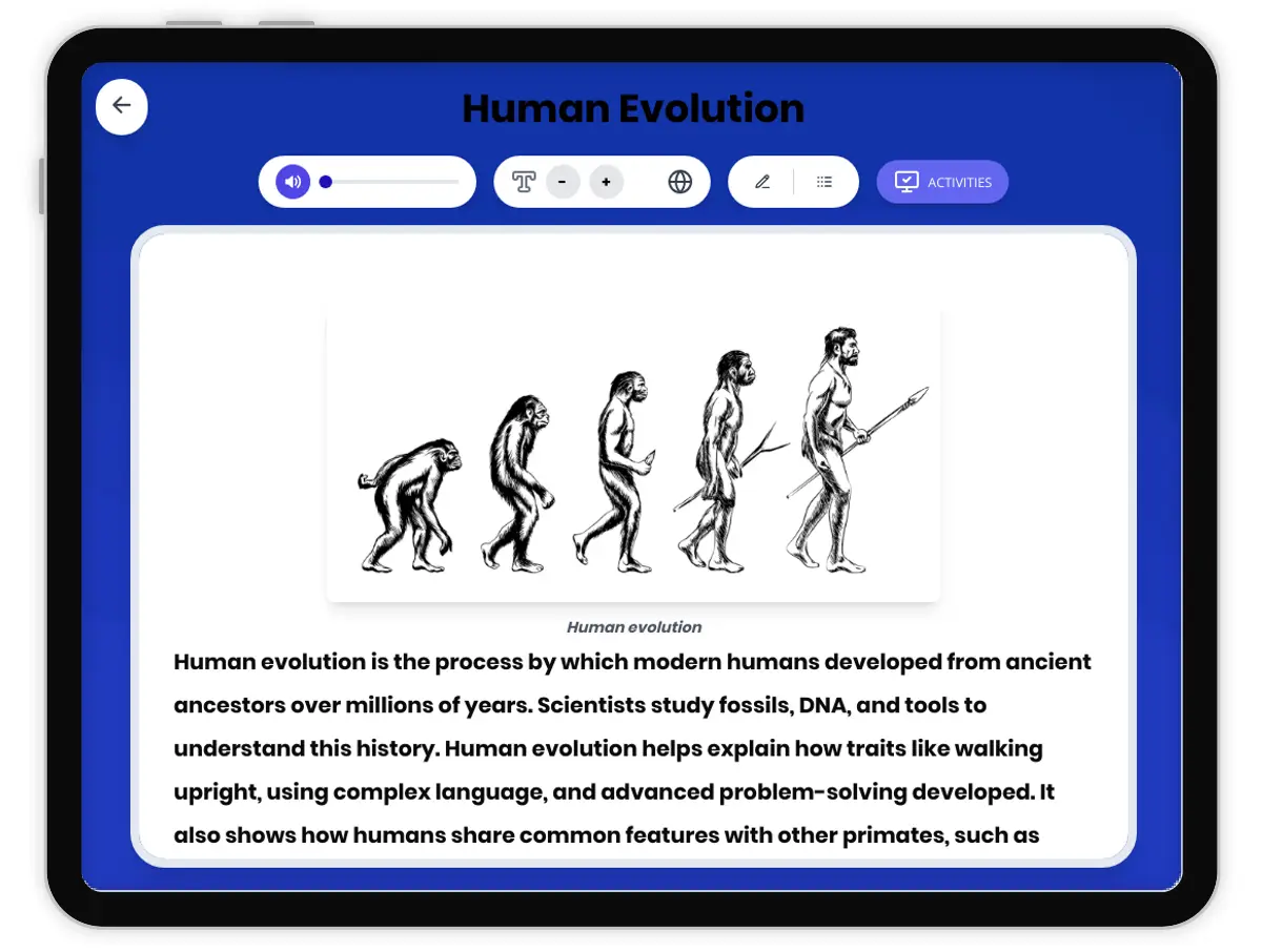 Interactive — Reading Comprehension preview: Human Evolution covering MS-LS4-1, MS-LS4-2 standards - Page 1 of 1