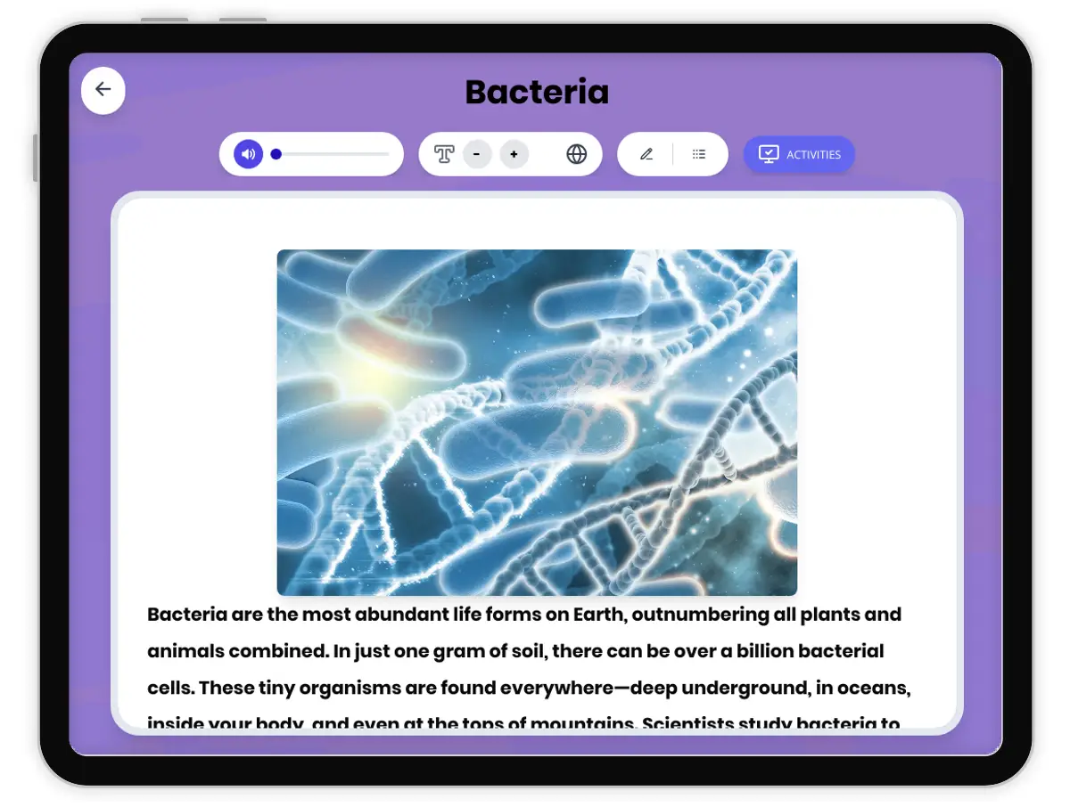 Interactive — Reading Comprehension preview: Bacteria covering MS-LS4-2, MS-LS1-1 standards - Page 1 of 1