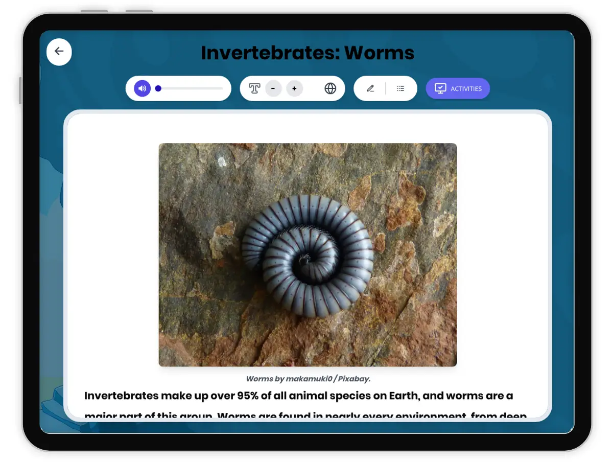 Interactive — Reading Comprehension preview: Invertebrates: Worms covering MS-LS4-2 standards - Page 1 of 1