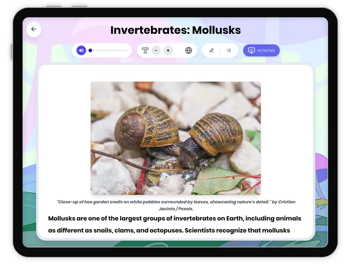 Interactive — Reading Comprehension preview: Invertebrates: Mollusks covering MS-LS4-2 standards - Page 1 of 1