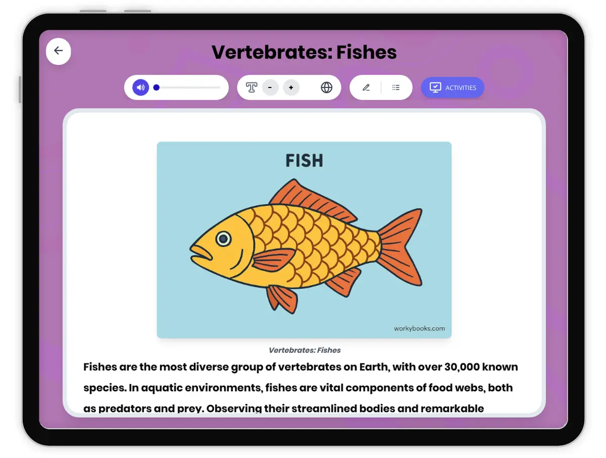 Interactive — Reading Comprehension preview: Vertebrates: Fishes covering MS-LS4-2, MS-LS4-4 standards - Page 1 of 1
