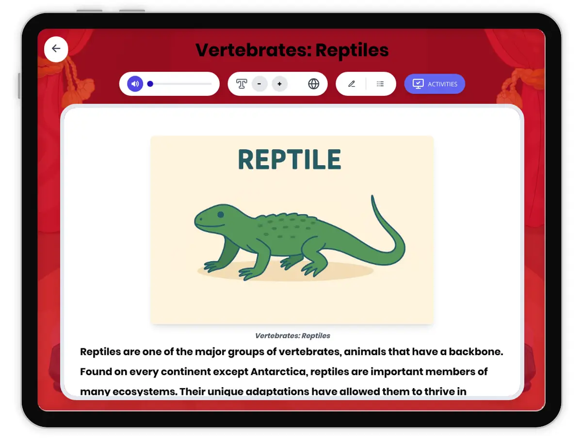 Interactive — Reading Comprehension preview: Vertebrates: Reptiles covering MS-LS4-2, MS-LS4-4 standards - Page 1 of 1