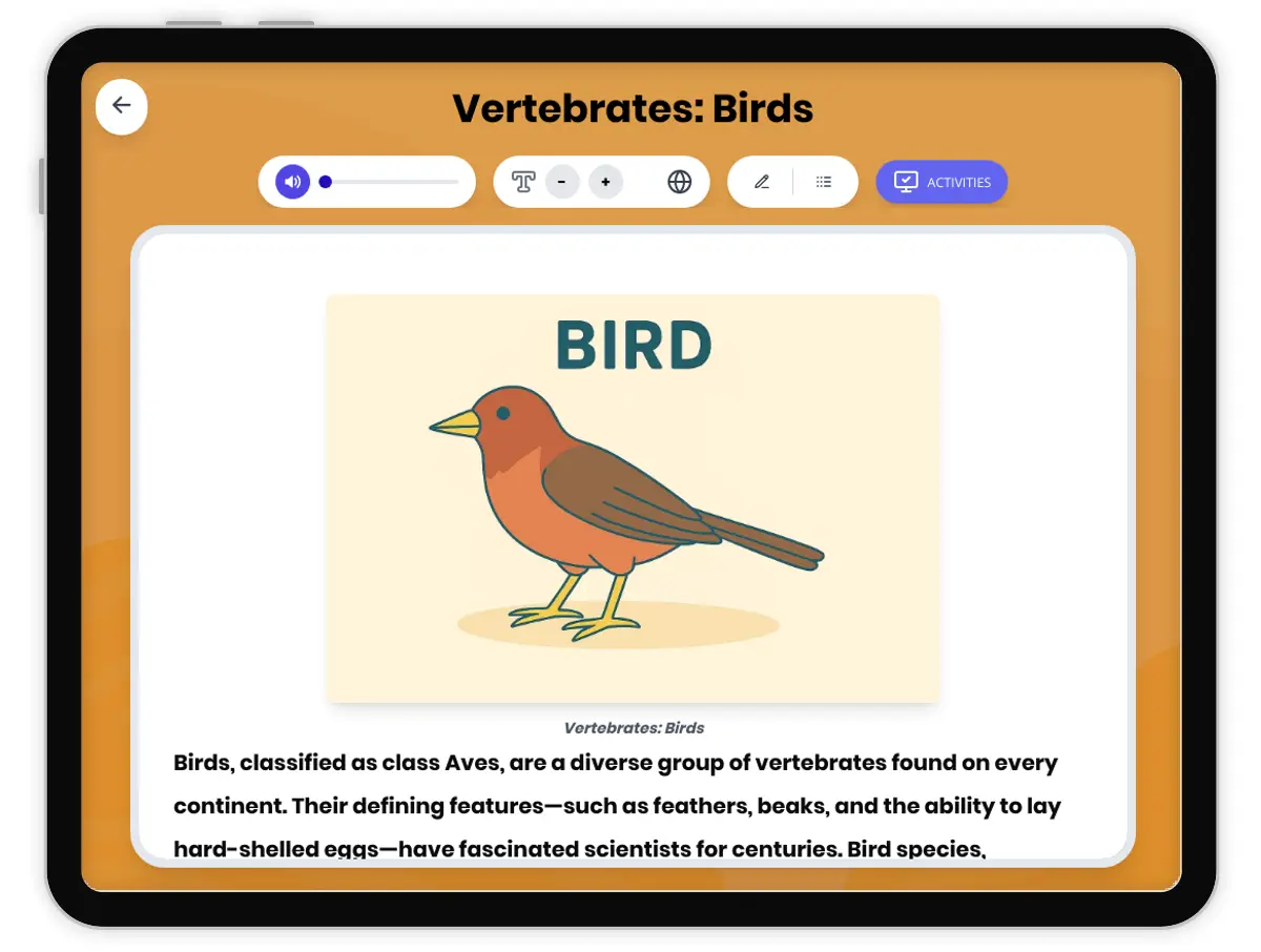 Interactive — Reading Comprehension preview: Vertebrates: Birds covering MS-LS4-2, MS-LS4-4 standards - Page 1 of 1