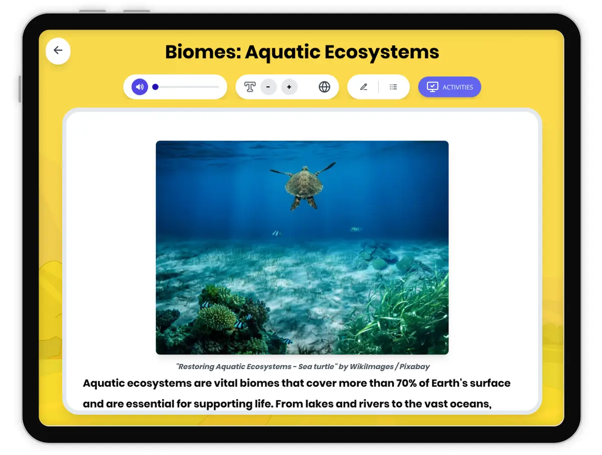 Interactive — Reading Comprehension preview: Biomes: Aquatic Ecosystems covering MS-LS2-1 standards - Page 1 of 1