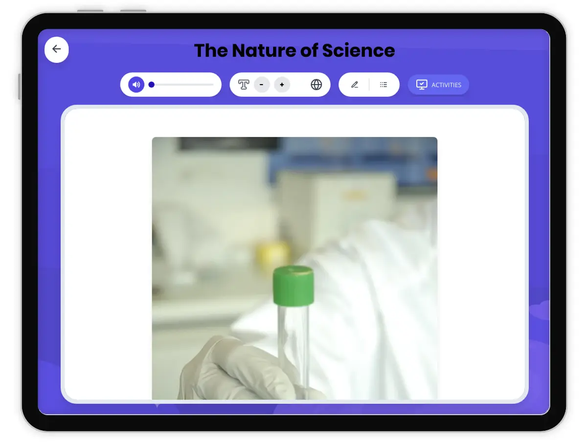 Interactive — Reading Comprehension preview: The Nature of Science covering MS-ETS1-4, MS-PS1-1, MS-LS1-1 standards - Page 1 of 1