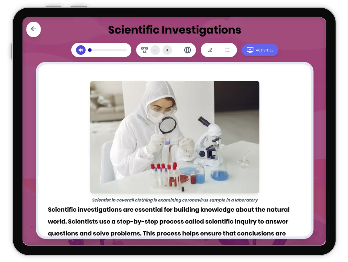 Interactive — Reading Comprehension preview: Scientific Investigations covering MS-ETS1-1, MS-ETS1-2, MS-ETS1-3, MS-ETS1-4, MS-PS1-4, SEP1, SEP3, SEP4 standards - Page 1 of 1