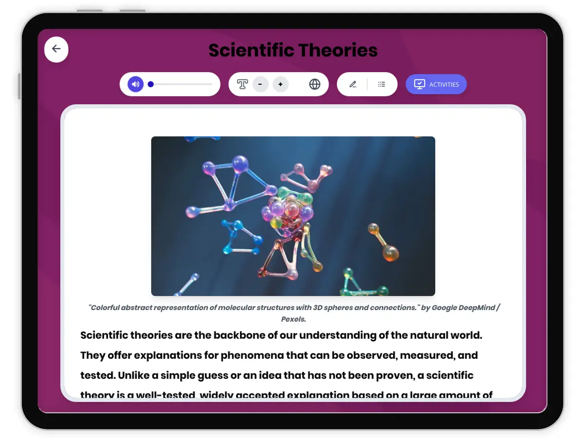 Interactive — Reading Comprehension preview: Scientific Theories covering MS-PS1-1, MS-PS1-4, MS-PS3-4, SCIENCE AND ENGINEERING PRACTICES, NGSS standards - Page 1 of 1
