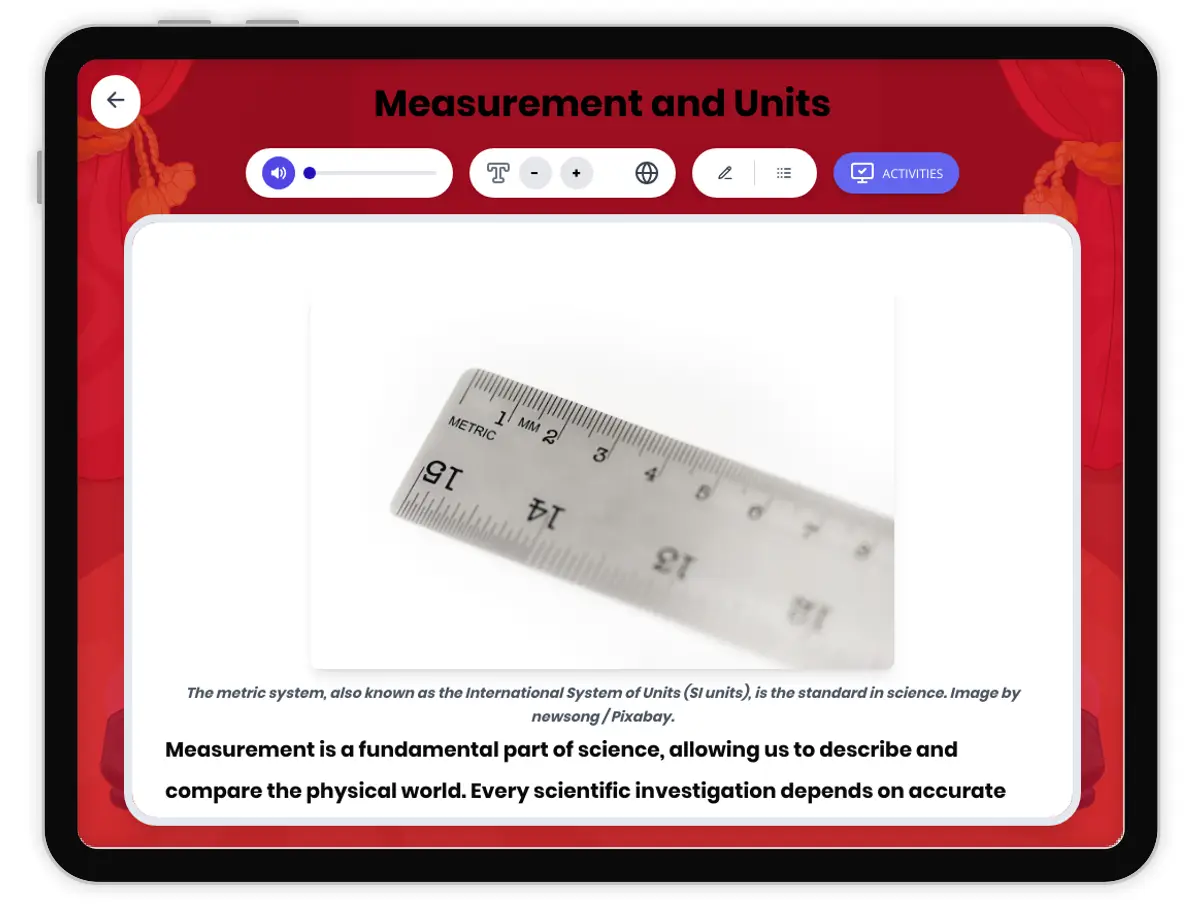 Interactive — Reading Comprehension preview: Measurement and Units covering MS-PS1-2, MS-ETS1-4 standards - Page 1 of 1