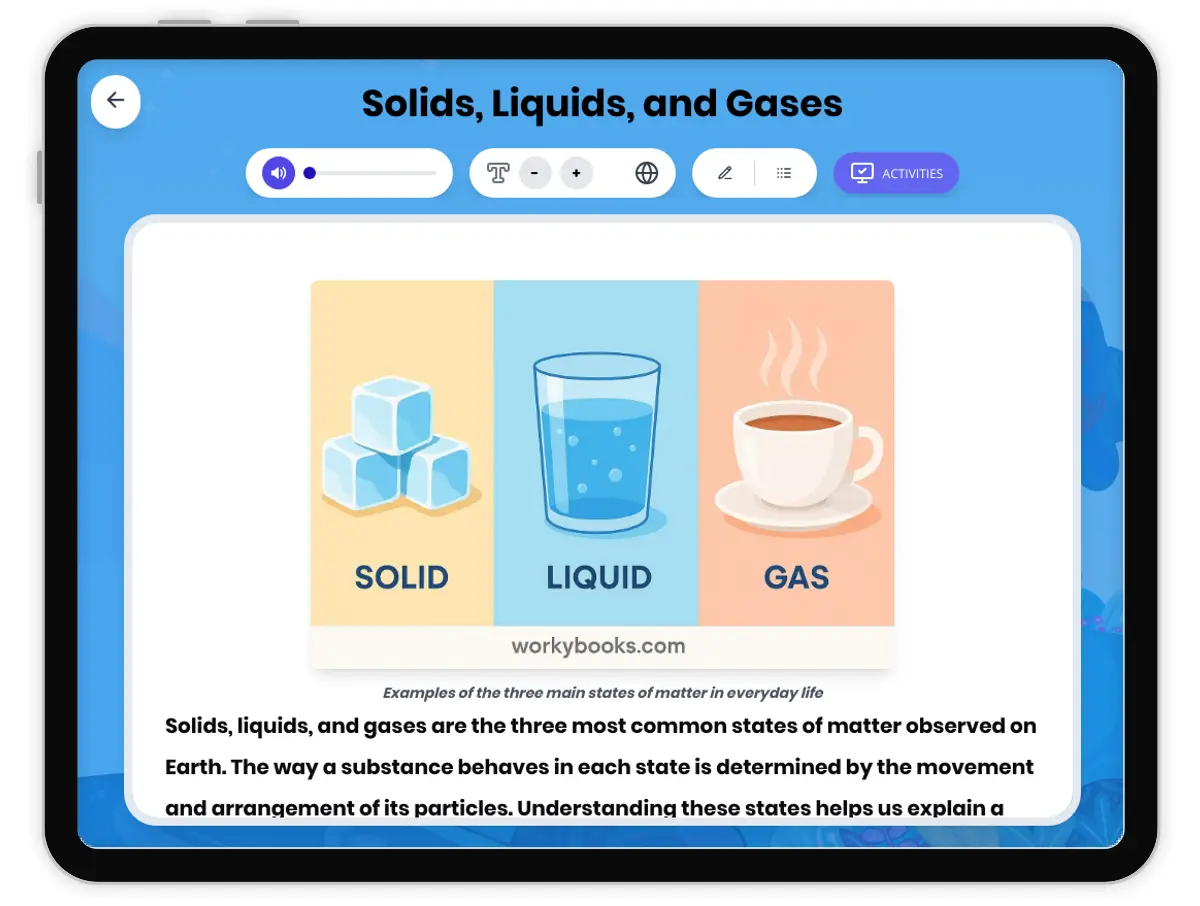 Interactive — Reading Comprehension preview: Solids, Liquids, and Gases covering MS-PS1-4 standards - Page 1 of 1