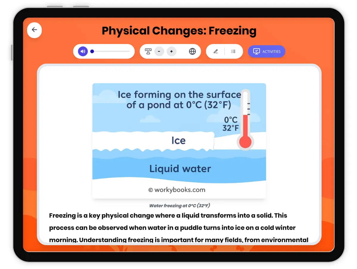 Interactive — Reading Comprehension preview: Physical Changes: Freezing covering MS-PS1-4 standards - Page 1 of 1