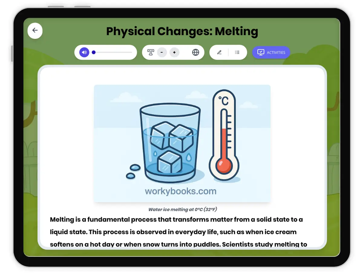 Interactive — Reading Comprehension preview: Physical Changes: Melting covering MS-PS1-4 standards - Page 1 of 1