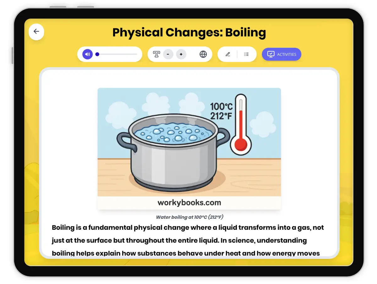 Interactive — Reading Comprehension preview: Physical Changes: Boiling covering MS-PS1-4 standards - Page 1 of 1