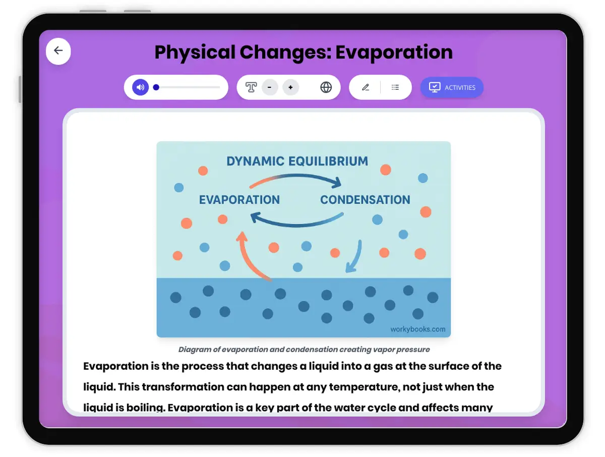 Interactive — Reading Comprehension preview: Physical Changes: Evaporation covering MS-PS1-4 standards - Page 1 of 1