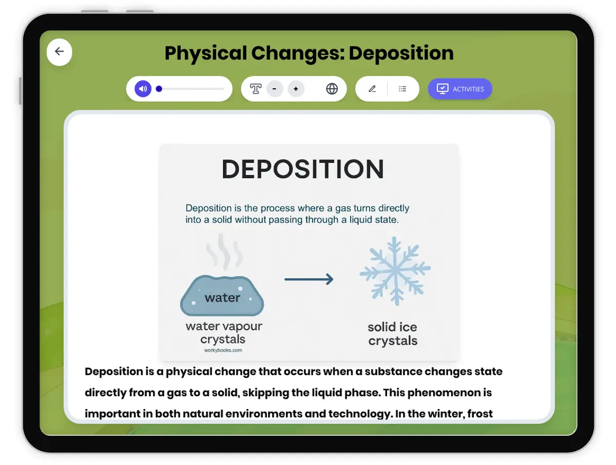 Interactive — Reading Comprehension preview: Physical Changes: Deposition covering MS-PS1-4 standards - Page 1 of 1