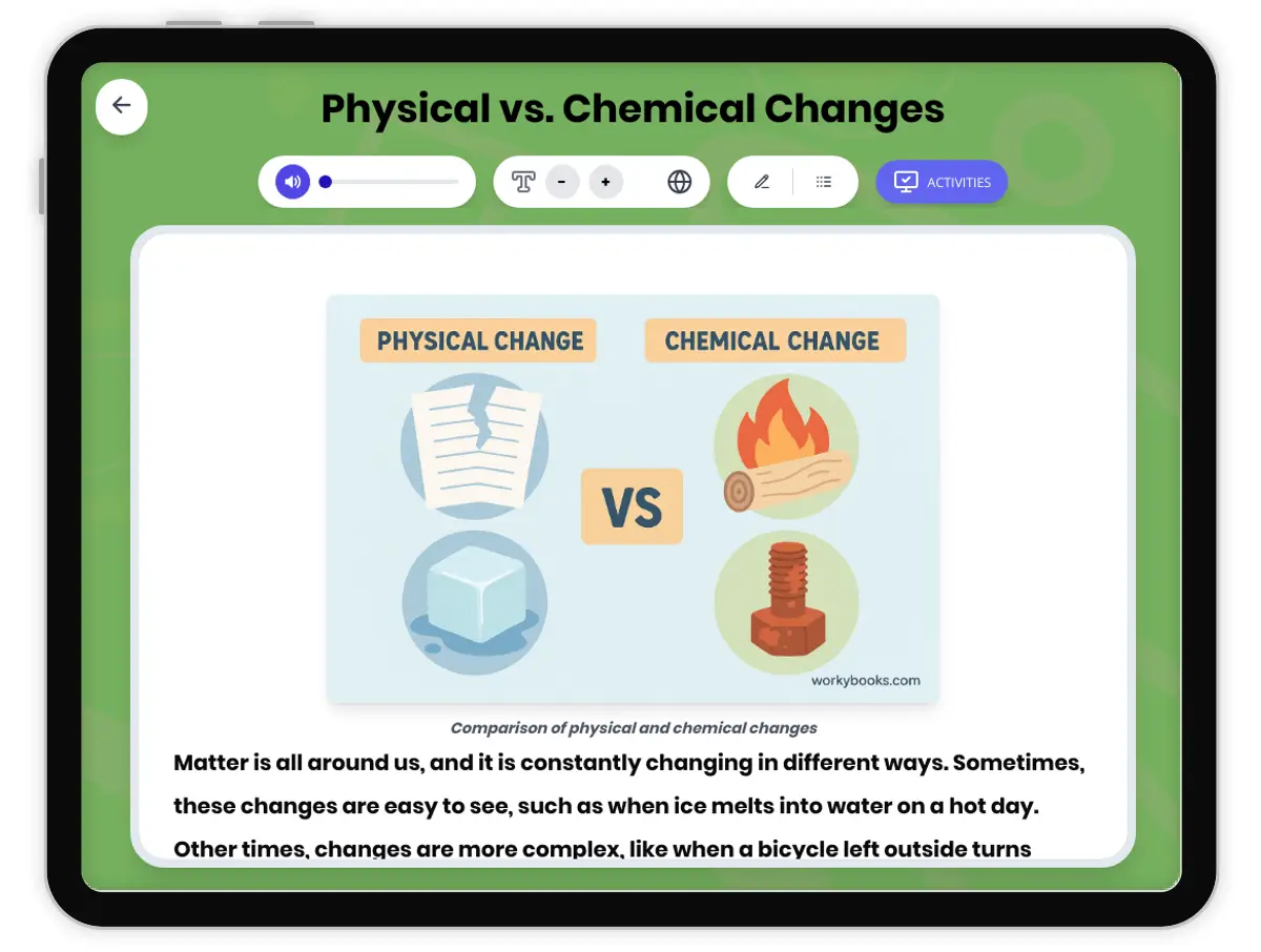 Interactive — Reading Comprehension preview: Physical vs. Chemical Changes covering MS-PS1-2, MS-PS1-5 standards - Page 1 of 1