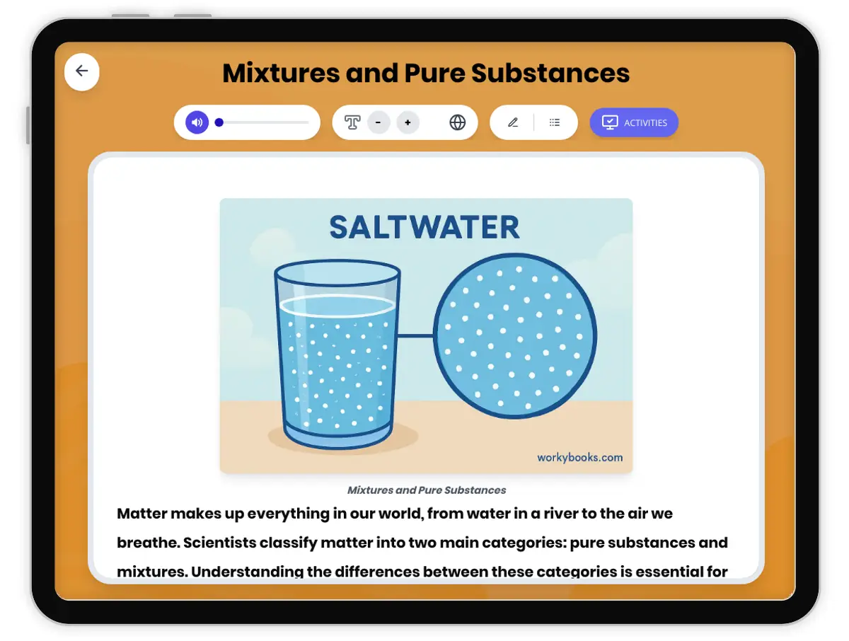 Interactive — Reading Comprehension preview: Mixtures and Pure Substances covering MS-PS1-1 standards - Page 1 of 1