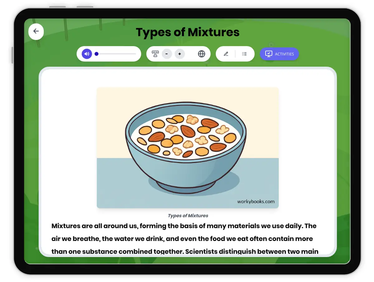 Interactive — Reading Comprehension preview: Types of Mixtures covering MS-PS1-1 standards - Page 1 of 1