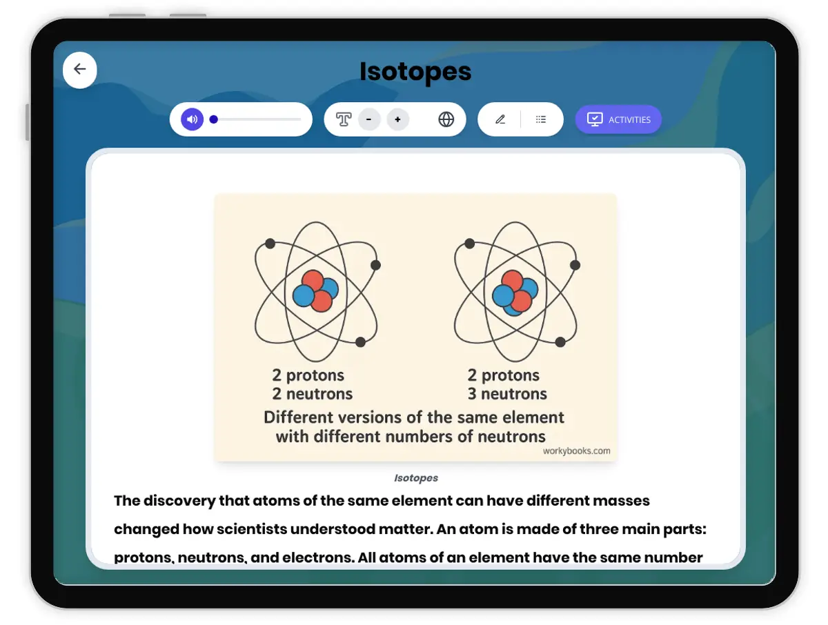 Interactive — Reading Comprehension preview: Isotopes covering MS-PS1-1 standards - Page 1 of 1