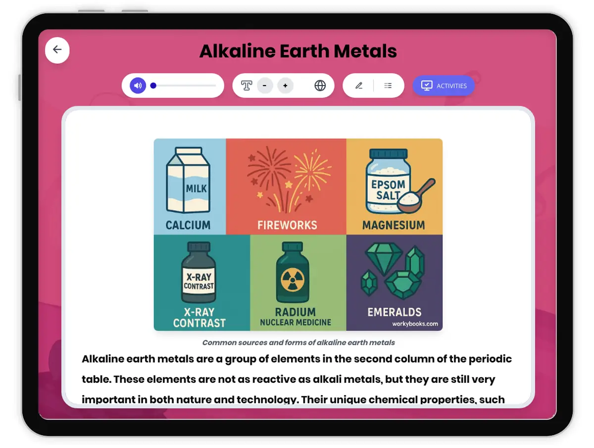 Interactive — Reading Comprehension preview: Alkaline Earth Metals covering MS-PS1-1 standards - Page 1 of 1