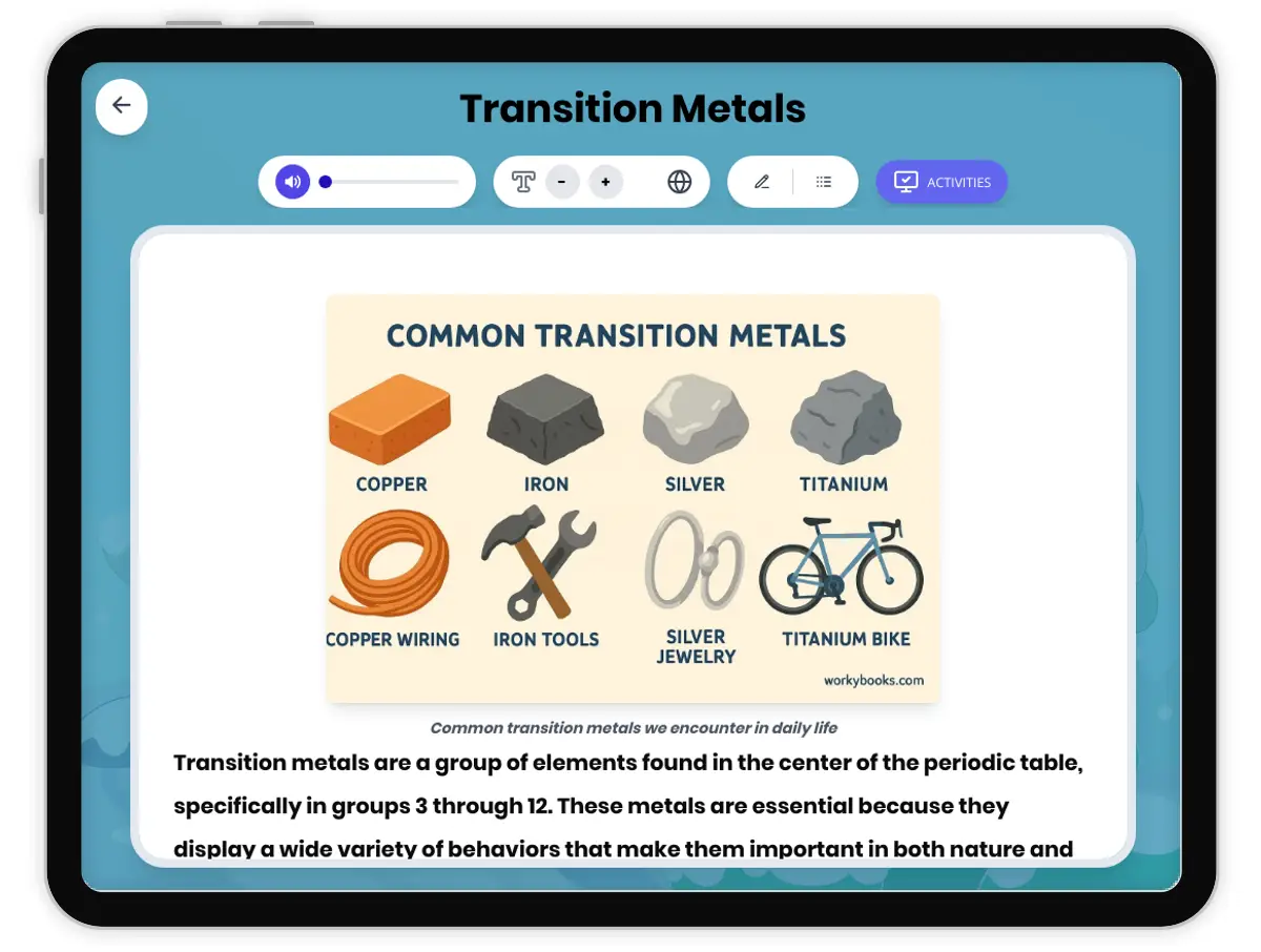 Interactive — Reading Comprehension preview: Transition Metals covering MS-PS1-1 standards - Page 1 of 1