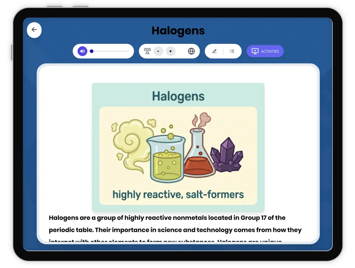 Interactive — Reading Comprehension preview: Halogens covering MS-PS1-1 standards - Page 1 of 1