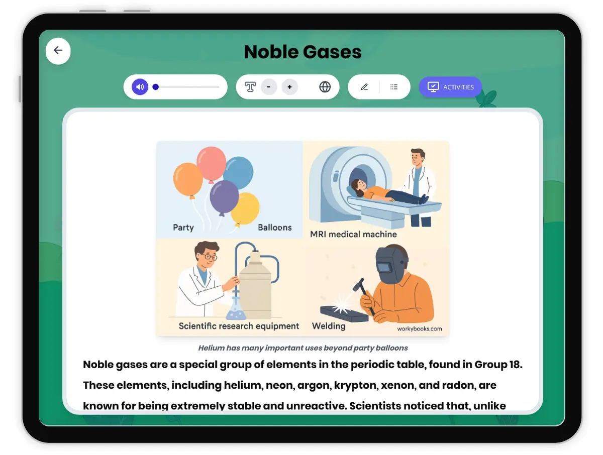 Interactive — Reading Comprehension preview: Noble Gases covering MS-PS1-1 standards - Page 1 of 1