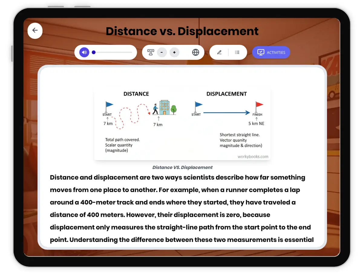 Interactive — Reading Comprehension preview: Distance vs. Displacement covering MS-PS2-2 standards - Page 1 of 1