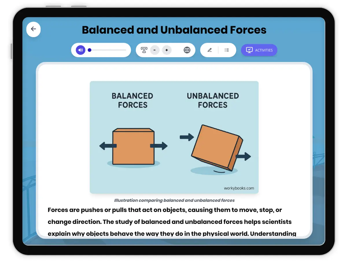 Interactive — Reading Comprehension preview: Balanced and Unbalanced Forces covering MS-PS2-1, MS-PS2-2 standards - Page 1 of 1