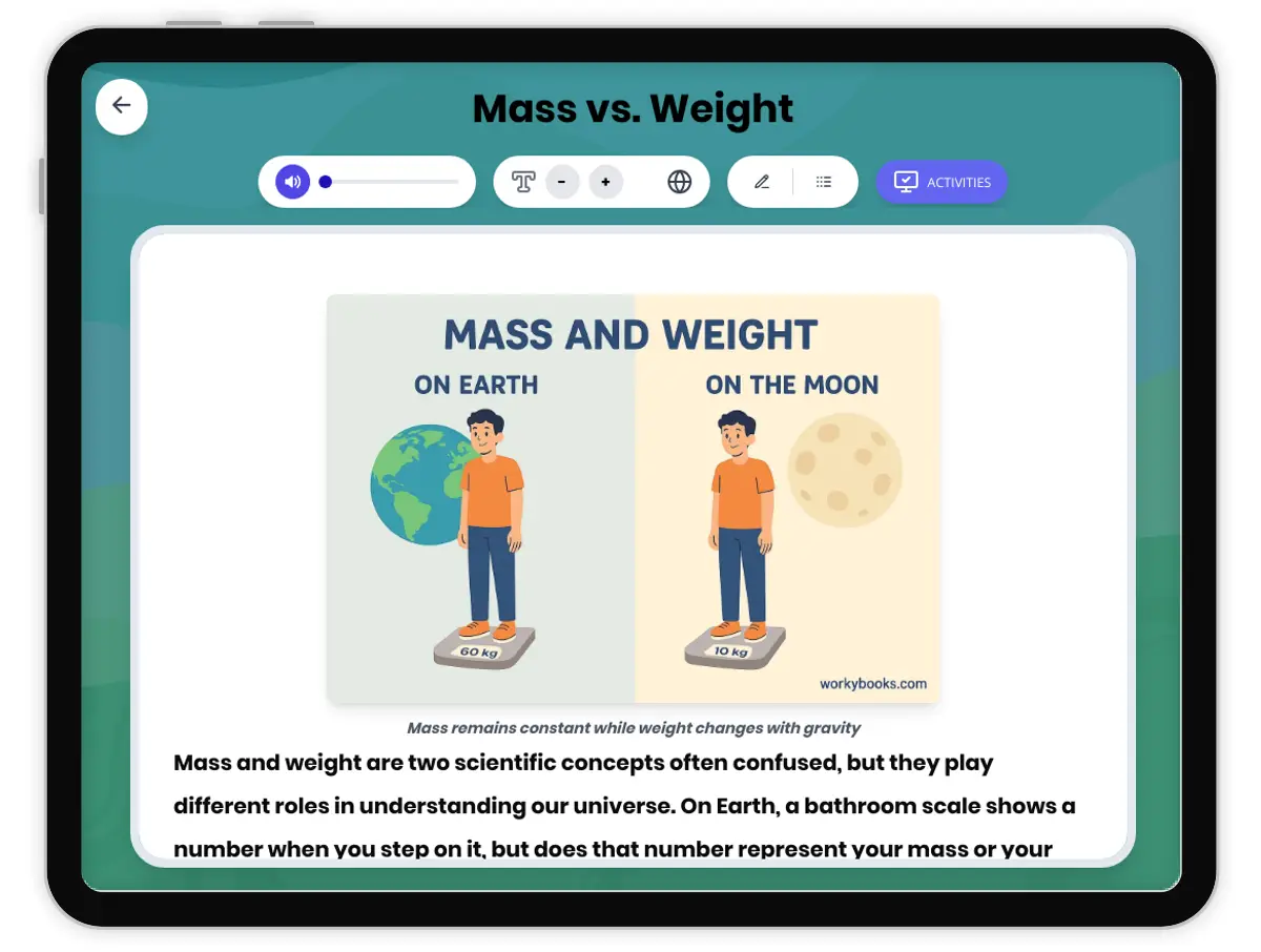 Interactive — Reading Comprehension preview: Mass vs. Weight covering MS-PS2-4 standards - Page 1 of 1