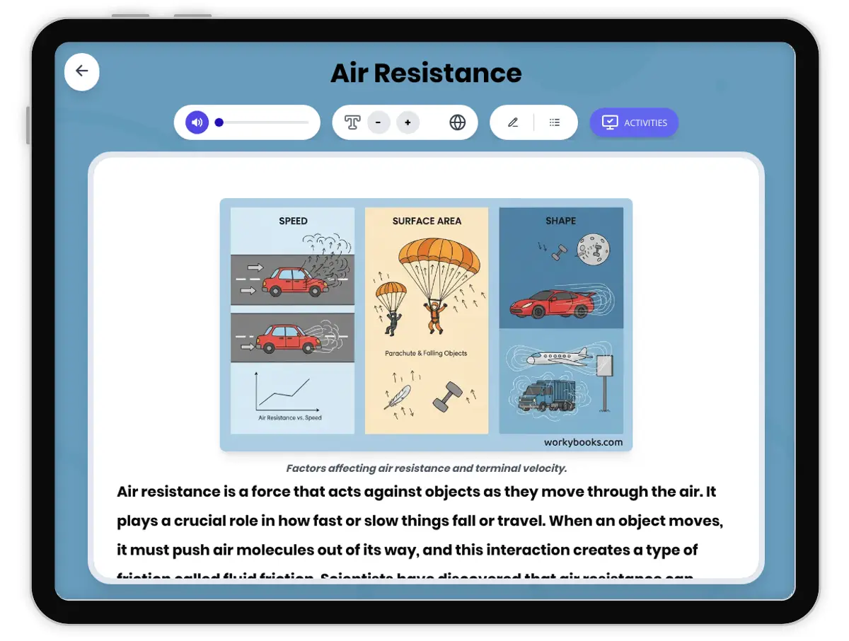 Interactive — Reading Comprehension preview: Air Resistance covering MS-PS2-1 standards - Page 1 of 1
