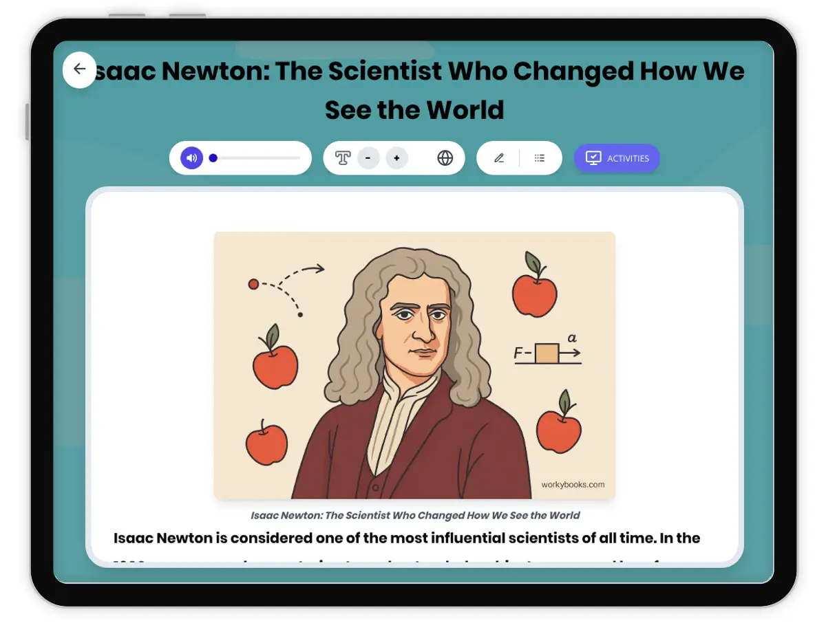 Interactive — Reading Comprehension preview: Isaac Newton covering MS-PS2-2 standards - Page 1 of 1