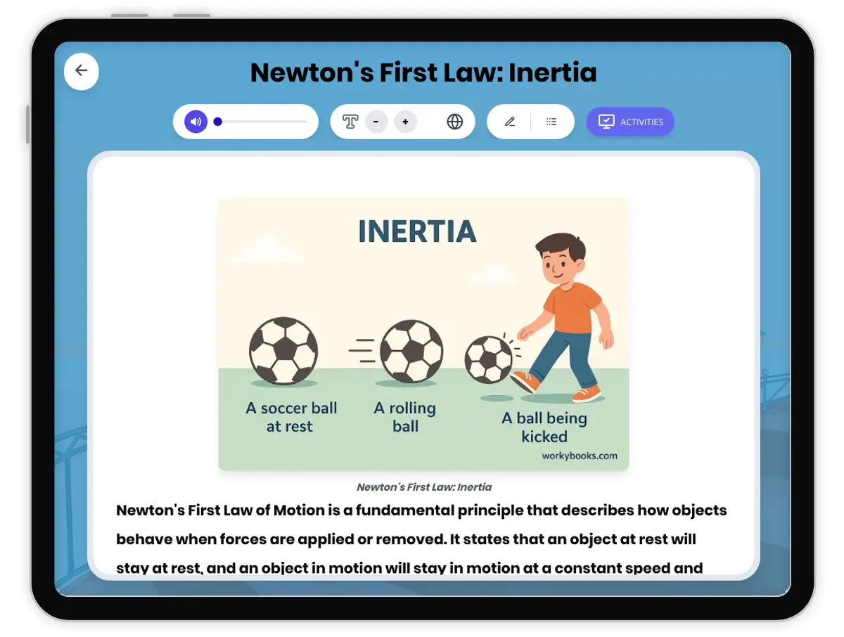 Interactive — Reading Comprehension preview: Newton's First Law: Inertia covering MS-PS2-1, MS-PS2-2 standards - Page 1 of 1