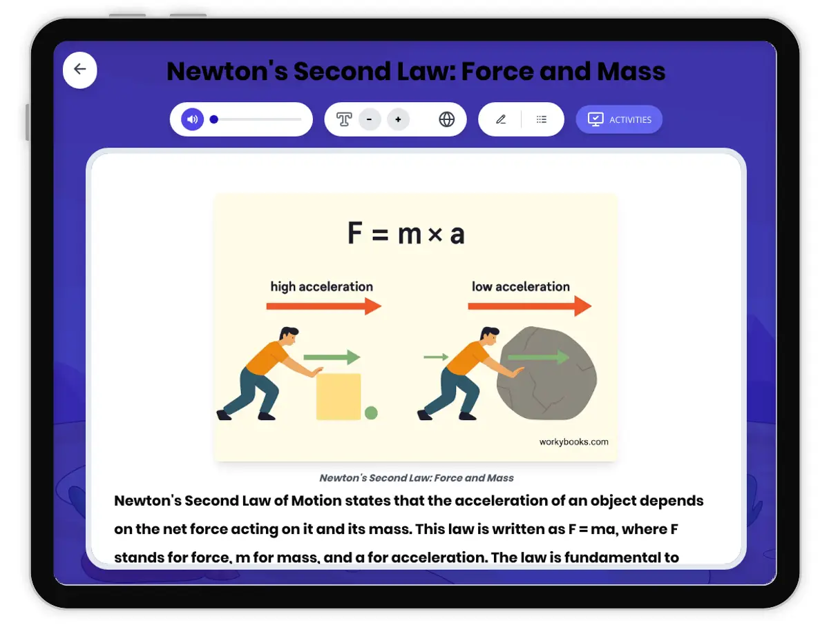 Interactive — Reading Comprehension preview: Newton's Second Law: Force and Mass covering MS-PS2-1, MS-PS2-2 standards - Page 1 of 1