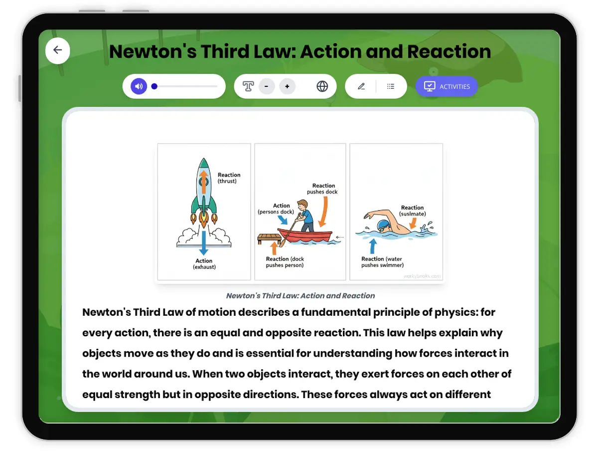 Interactive — Reading Comprehension preview: Newton's Third Law: Action and Reaction covering MS-PS2-1 standards - Page 1 of 1