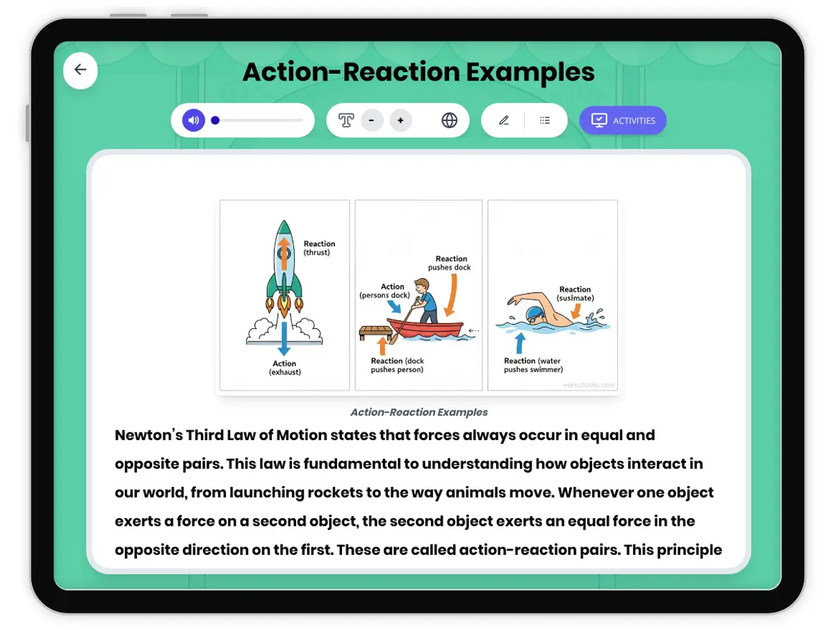 Interactive — Reading Comprehension preview: Action-Reaction Examples covering MS-PS2-1 standards - Page 1 of 1