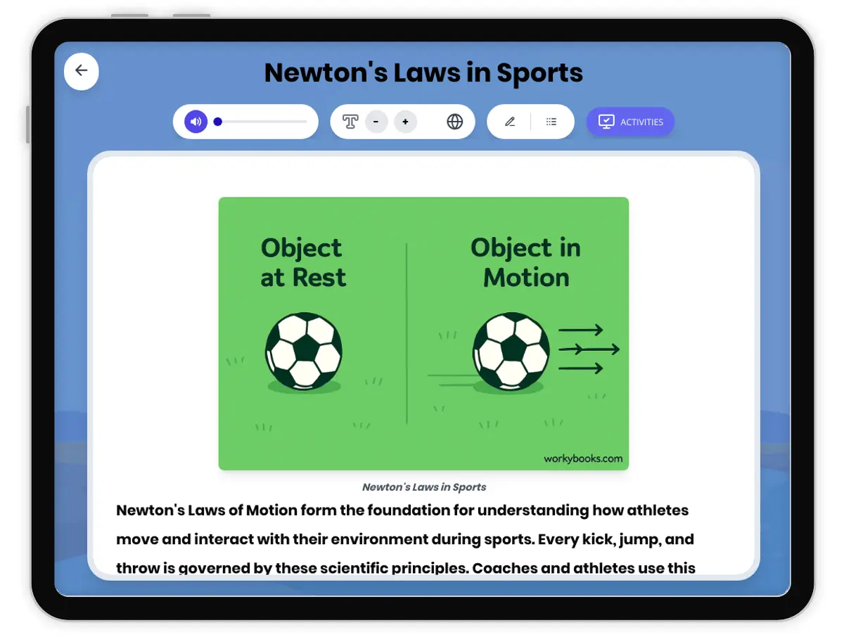 Interactive — Reading Comprehension preview: Newton's Laws in Sports covering MS-PS2-1, MS-PS2-2 standards - Page 1 of 1